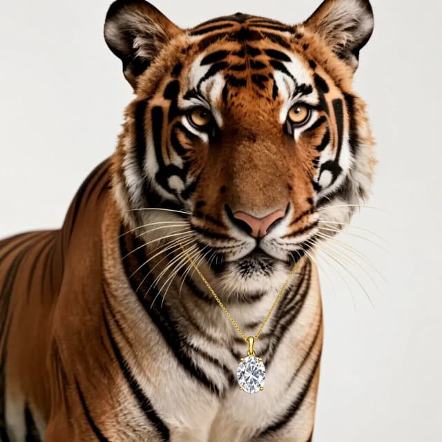 A masterpiece professional commercial wildlife photography of an elegant female tiger animal, gentle feminine features, beautiful sand-honey eyes. Medium shot portrait, step back from the camera to show her upper body. She wears an exquisite ultra-thin delicate gold link chain, partially hidden and entwined in her neck fur. A realistic small 3-carat oval-cut sparkling diamond pendant hangs gracefully in a clean minimalist gold setting. Solid seamless pristine white studio background. Soft warm elegant lighting, natural shadows under the jewelry, high contrast, crisp facets, photorealistic.