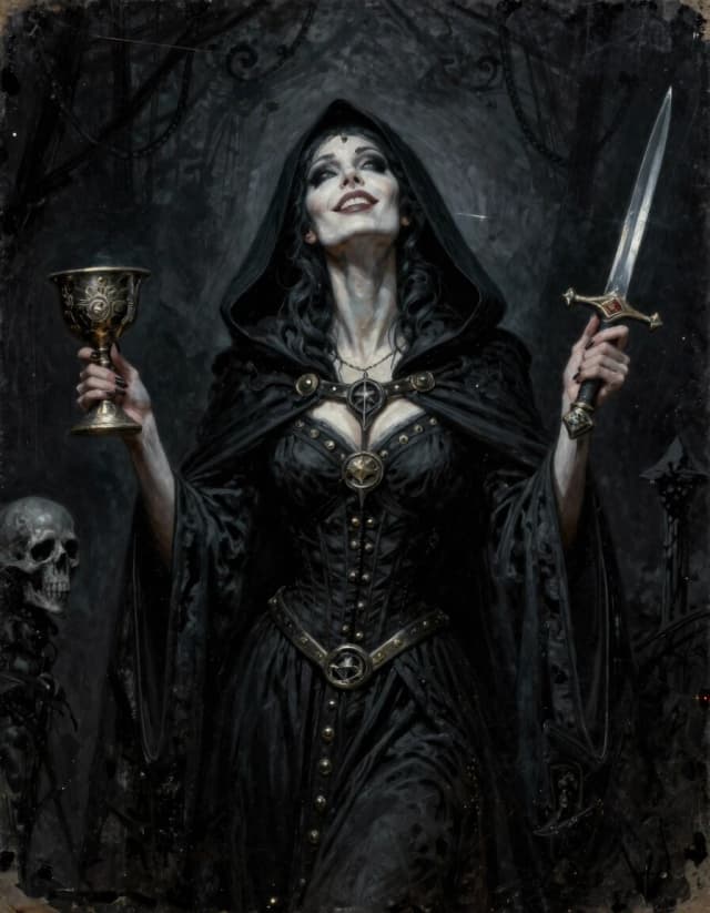A medieval setting. A female necromancer, the upper half of her face hidden by a hood, her head thrown back haughtily, a look of pleasure on her face, a relaxed pose. Centered. Deathly pale. She holds an ominous cup at waist level in one hand, and a dagger in the other. A black crypt background, an aura of death. Dark fantasy, oil painting, ink, and gouache. The image is worn and has some noise. High detail.
