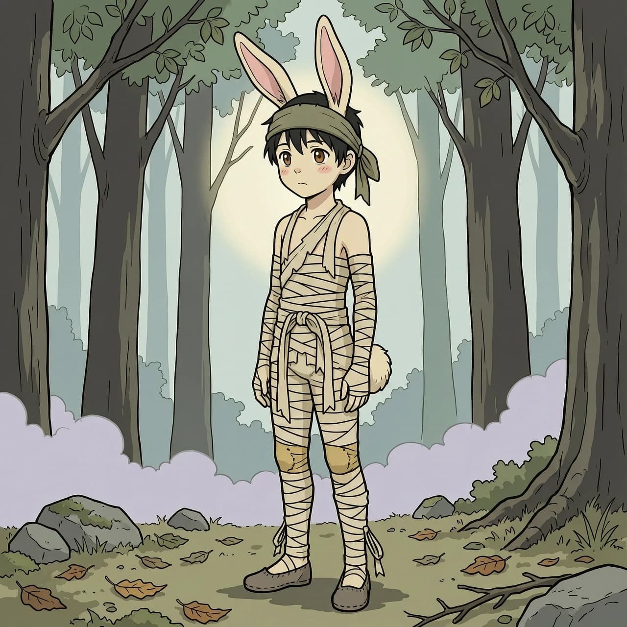 Flat 2D anime art style, cel shaded, thick black outlines, hand-drawn illustration. A tall slender anthropomorphic fluffy rabbit boy with rabbit ears, headband, and a small tail. **His outfit is made entirely of layers of beige cloth bandages, rags, and tattered ribbons wrapped around his arms, legs, and torso.** Torn fabrics hanging loosely. He is wearing ragged fabric wraps and cloth strips. Standing in a misty forest, muted earthy colors, traditional anime drawing style. --ar 2:3