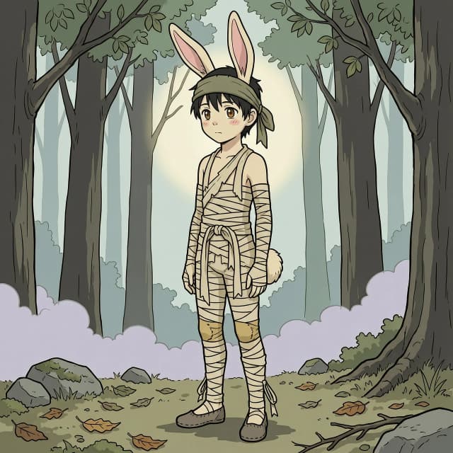 Flat 2D anime art style, cel shaded, thick black outlines, hand-drawn illustration. A tall slender anthropomorphic fluffy rabbit boy with rabbit ears, headband, and a small tail. **His outfit is made entirely of layers of beige cloth bandages, rags, and tattered ribbons wrapped around his arms, legs, and torso.** Torn fabrics hanging loosely. He is wearing ragged fabric wraps and cloth strips. Standing in a misty forest, muted earthy colors, traditional anime drawing style. --ar 2:3