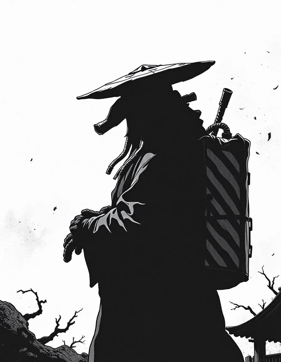 черно-белый рисунок, пост-апокалипсис, стиль Kaze no tani no Naushika, силуэт широкоплечего высокого массивного мужчины в потрёпанном плаще, лицо скрывает тканевая маска с трубками, на голове широкая шляпа в форме огромного диска, за спиной большая сумка, руки скрывают варежки