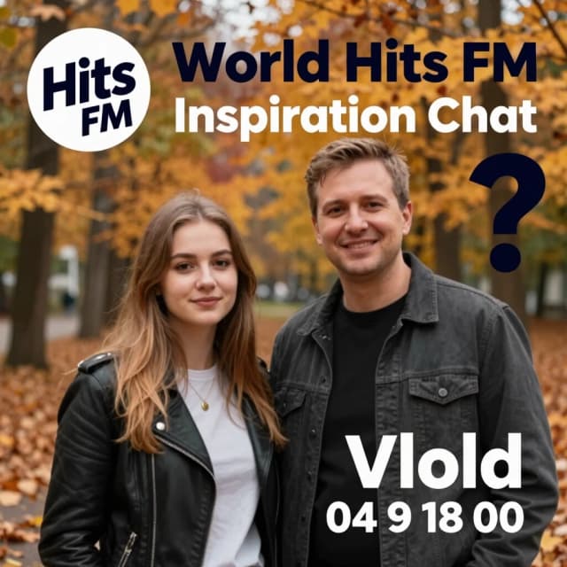 Радиоведущий на фоне осени , рядом девушка и надпись 
Мировые хиты FM
Чат Вдохновение 
Радиоведущий Vlad и ?????
04 09 в 18 00