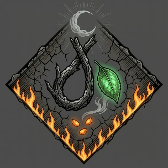 Emblem for the "Ashes" faction from the S.T.A.L.K.E.R. universe. Central composition features a charred, blackened tree branch twisted into a symbolic noose shape, rendered in deep charcoal tones with realistic cracks, rough edges, and a fine dusting of grey ash. A single, vibrant emerald-green leaf clings to the branch, untouched by fire, featuring intricate veins and a subtle internal bioluminescent glow, symbolizing a spark of life. Beneath the branch, three small, glowing orange embers are scattered haphazardly, dissolving into a wispy, ethereal smoke trail that drifts downwards.

The background is a diamond-shaped shield with jagged, irregular edges, textured like scorched earth with micro-cracks resembling an anomaly grid. Along the bottom edge, stylized thin lines of flickering flame trace the perimeter, carefully avoiding the leaf. At the top, a faint, crescent moon made of swirling grey smoke dissolves into the background with soft, hazy rays.

Visual style: Gritty, minimalist graphic design with heavy hatching, high contrast, and a subtle layer of post-apocalyptic pixel noise along the contours. Artistic medium: Dark concept art with a stencil-art influence. Color palette: Charcoal black, ash grey, smoldering ember orange, and piercing emerald green. Mood: Stoic, melancholic, yet resilient; a sense of rebirth amidst total desolation. No text, no lettering, purely symbolic imagery.