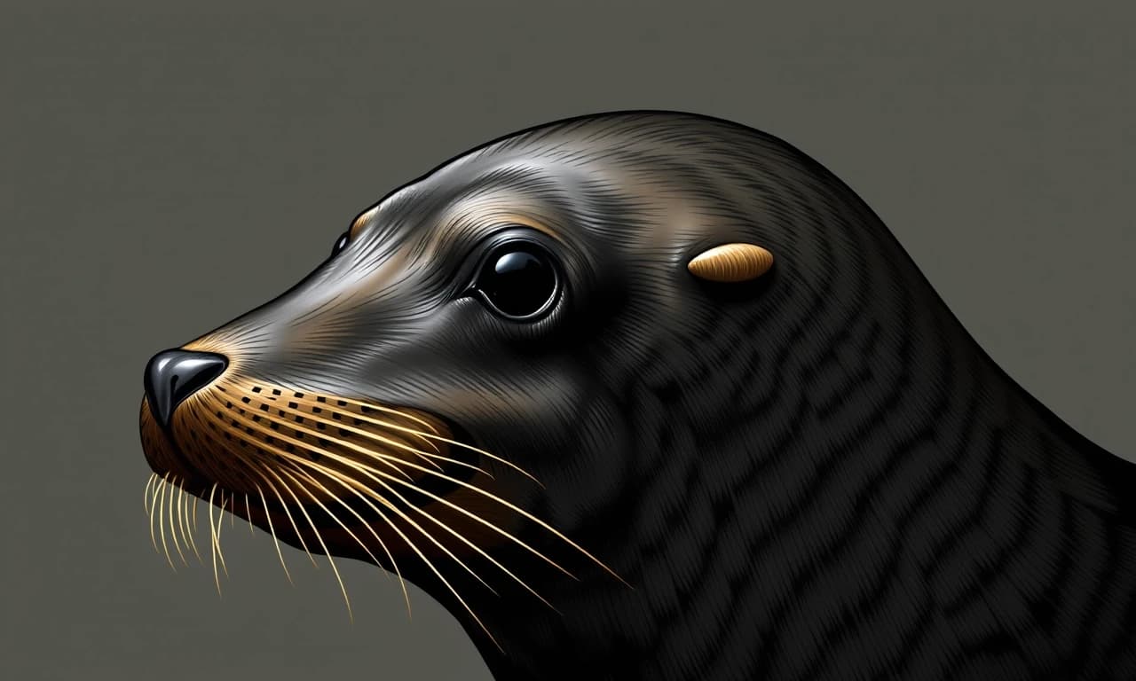 Мне нужно воссоздать японского морского льва (на латинском Zalophus japonicus). Этот японский морской лев, обитавший в Японском море, вымер к 1950-м годам из-за охоты на него и загрязнения окружающей среды.Японские морские львы были крупными животными, но, как и у многих ластоногих, самцы были значительно крупнее самок.
Самцы: Длина тела достигала примерно 2,5–3 метров, вес мог превышать 500 кг.
Самки: Были меньше, около 1,5–2 метров в длину и весом до 300 кг.
Имели типичное для ушастых тюленей обтекаемое мускулистое тело, хорошо приспособленное для плавания. Голова относительно крупная, с хорошо выраженной шеей.
Морда: Удлинённая, слегка сужающаяся к носу.
Ноздри: Расположены на конце морды, овальной формы.
Губы: Толстые, мясистые, с чувствительными вибриссами (усами).
Вибриссы (усы): Очень длинные, густые, беловатые или светло-серые.
Глаза: Крупные, тёмные, расположены по бокам головы. 
Ушные раковины: Ярко выраженные маленькие наружные ушные раковины (отличительная черта ушастых тюленей), которые они могли загибать внутрь при погружении.
Череп: Отличался от черепа калифорнийского морского льва, имел свои специфические черты, которые использовались систематиками для его идентификации (например, форма черепа, зубы).
Основной цвет: Шерсть была преимущественно темно-коричневого или серовато-коричневого цвета. 
Изобразить  шерсть и поверхность тюленя, так крупно, как будто смотрю через лупу.