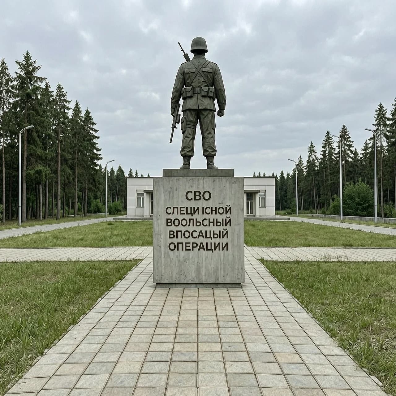 Фотореалистичный кадр: памятник в честь специальной военной операции стоит как входная группа перед территорией, перед памятником дорожка из плитки, сам памятник выполнен из бетона и метала, без применения человека в самом памятнике, с применением атрибутики СВО, что бы было узнаваемо, о какой операции идет речь, памятник должен быть вытянутым вверх, памятник не должен быть большим, максимум метров 5 в высоту, без изображения человека