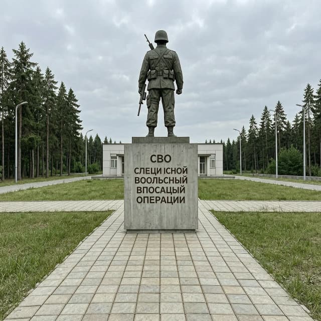 Фотореалистичный кадр: памятник в честь специальной военной операции стоит как входная группа перед территорией, перед памятником дорожка из плитки, сам памятник выполнен из бетона и метала, без применения человека в самом памятнике, с применением атрибутики СВО, что бы было узнаваемо, о какой операции идет речь, памятник должен быть вытянутым вверх, памятник не должен быть большим, максимум метров 5 в высоту, без изображения человека