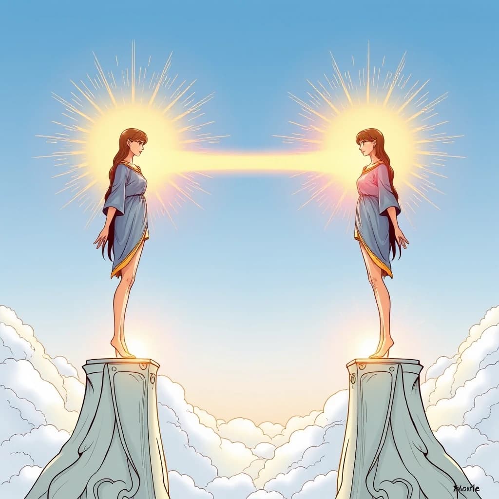 Two figures stand on separate pillars of light, connected by a bridge of energy. Neither leans on the other. Both are whole. The background is a vast open sky. Style: romantic comic art, gold, soft blue, white, balance, harmonious composition.