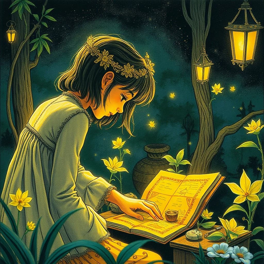 stylized by Satoshi Kon, etching technique of a strong Xochitl, Charming and Dainty, background, Bathed in shadows, Panorama, Realistic, Tinkercore, full color, highly decorated, pure, highly detail, lush, ambient illumination, dynamic dramatic atmosphere, magical atmosphere, cinematic perfect intricate stunning fine detail, flowing, magical, quality
