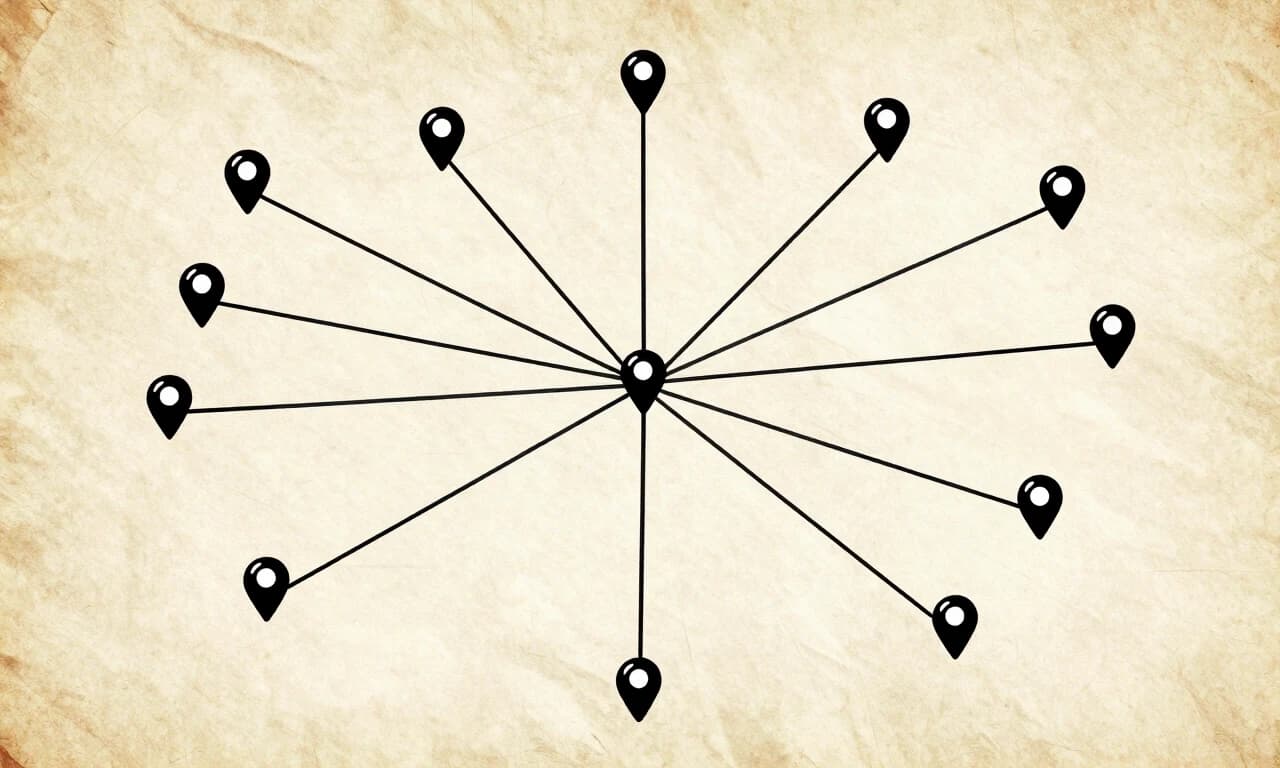 Conceptual map with many pins and connecting strings, spy network diagram, vintage paper texture, warm lighting