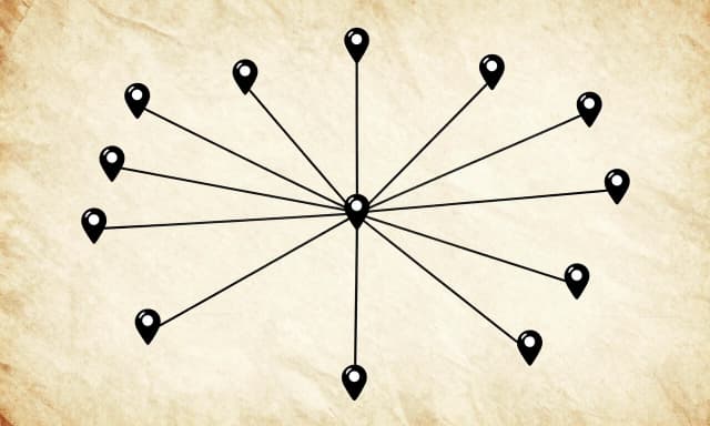 Conceptual map with many pins and connecting strings, spy network diagram, vintage paper texture, warm lighting