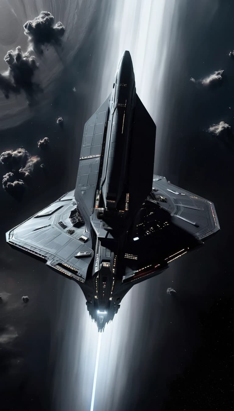 Cinematic sci-fi shot of an aggressive, angular dark grey spaceship hovering in the upper stratosphere. The ship features flat, vertical, weakly glowing pale gray wing plates. Below the ship is a dense, thick layer of volumetric white and gray clouds. Above the ship, the sky transitions into deep black cosmic space, already showing scattered stars and a faint atmospheric glow at the edge. The background contains no planets or large celestial bodies — only a clean transition from clouds to deep space. Dramatic lighting, high definition, photorealistic, cold metallic textures, realistic atmosphere, closely resembling vessels from the game Dark Orbit.