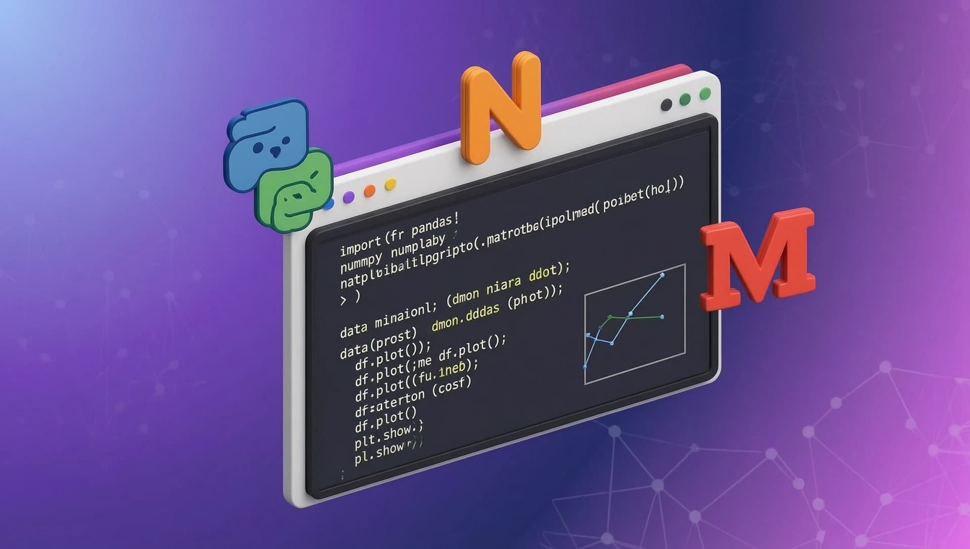 Используя фон картинки picture4 создать иллюстрацию фрагмент кода Python с визуализацией данных / логотипы библиотек Pandas, NumPy, Matplotlib без текста