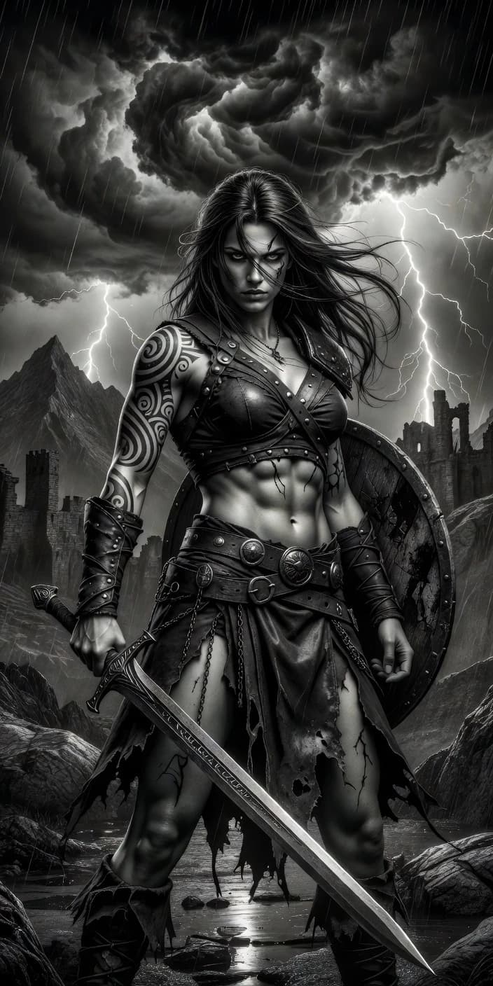 Black and white dramatic fantasy artwork, fierce female barbarian warrior, long flowing windblown hair, muscular athletic physique, defined abs, tribal swirl tattoos on left arm and shoulder, leather armor top with straps and metal studs, leather bracers, torn leather skirt with chains and belt buckle, holding ornate longsword, round wooden shield on back, confident stern expression, epic stormy sky with lightning bolt, rain, mountains and castle ruins in background, cinematic dramatic lighting, high contrast, detailed rendering, fantasy concept art, dark moody atmosphere, powerful heroic pose, monochrome, 8k, highly detailed