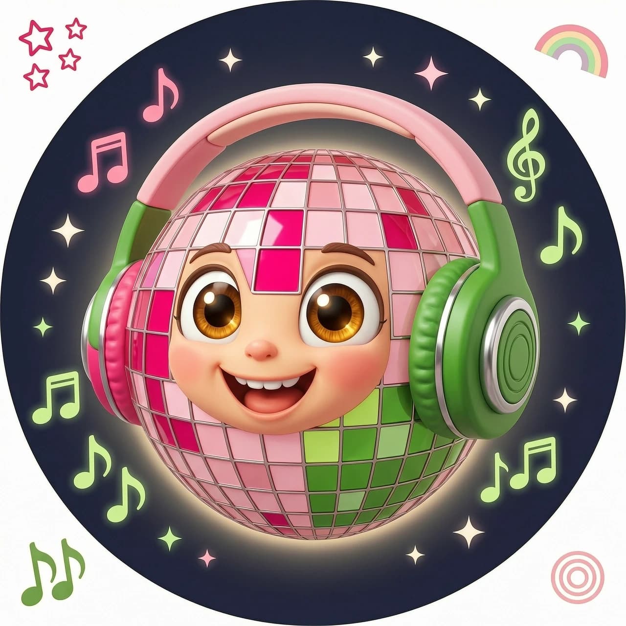 A vibrant, eye-catching circular 3D logo icon for a children's music channel. In the center, a cute and happy cartoon disco ball character with big expressive eyes and a wide cheerful smile. The disco ball features smooth, glossy tiles in a specific color palette: deep hot pink (#ff0054), vibrant grass green (#45842a), and soft pastel pink (#faa0a2). The character is wearing large, colorful 3D headphones that perfectly wrap around it, matching these exact colors. The background is a clean, solid dark gradient that makes the neon colors pop, with subtle, semi-transparent silhouettes of floating musical notes. Professional studio lighting with bright, clean reflections, smooth textures, modern Pixar and claymation style, minimalist composition with no small cluttered details, high contrast, perfect for a mobile app icon.
