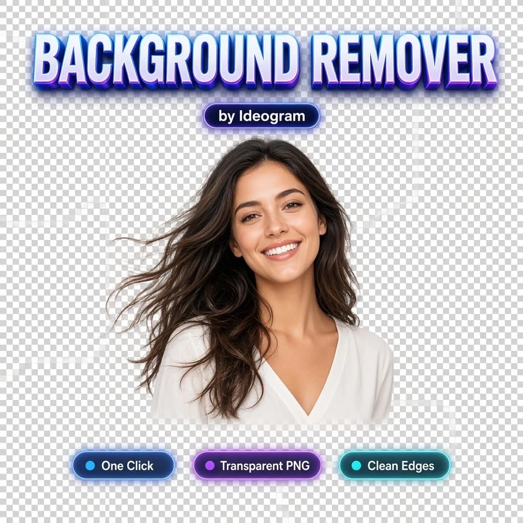 Flat 2D square graphic design cover, background fills the whole frame edge to edge, no frame, no border, no mockup. Bold glowing modern 3D typography text "BACKGROUND REMOVER" appears exactly once centered near the top, crisp and perfectly legible; a small clean pill tag "by Ideogram" directly beneath the title. A studio portrait of a smiling woman with flowing hair cleanly cut out with every hair strand preserved, floating in the center, crisp clean edges, soft drop shadow. The whole scene sits on a perfectly even, uniform, neatly aligned grey-and-white transparency checkerboard pattern with straight, equal, regular squares. A single clean row of small glowing rounded feature badges near the bottom with short legible labels: "One Click", "Transparent PNG", "Clean Edges". perfectly legible text, clean flagship poster quality, no extra labels.