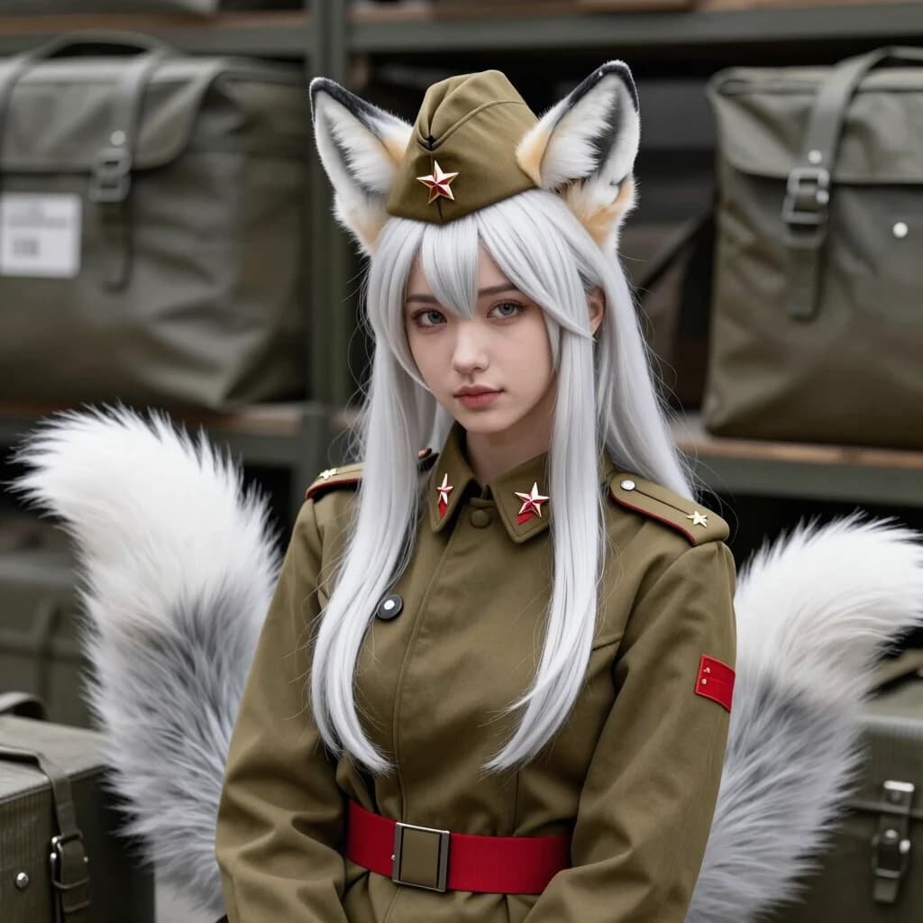 A beautiful Kumiho girl wearing a Soviet military peaked cap (furazhka) with an olive-green top and a red band, with a small gold star badge. She has long white hair and matching monochrome pure white and silver fox ears. She has one single large fluffy white and platinum-grey fox tail behind her. She is wearing a vintage Soviet praporschik military uniform: an olive-drab structured jacket with shoulder straps featuring two small stars arranged vertically. Standing in a military supply warehouse, highly detailed, 8k resolution.