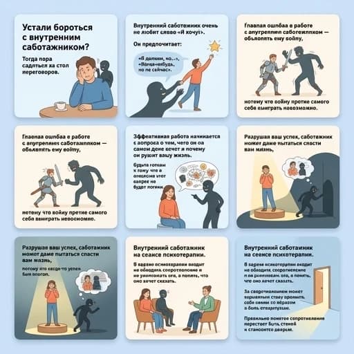 Создать карусель для Инстаграмм с таким текстом Устали бороться с внутренним саботажником? Значит, пора садиться за стол переговоров  Внутренний саботажник очень не любит слово "Хочу!". Он предпочитает: "Надо бы, но...", "Когда-нибудь, но не сейчас".
Главная ошибка в работе с внутренним саботажником — это объявить ему войну, потому что в войне с самим собой победить невозможно.
Эффективная работа начинается с вопроса о том, чего он хочет на самом деле и зачем рушит вашу жизнь.
Стоит подготовиться к тому, что в ответе на этот вопрос не будет логики. Уничтожая ваш успех, саботажник может даже пытаться спасти вашу жизнь, потому что когда-то успех был опасен.
Внутренний саботажник на сеансе психотерапии
В задачи психотерапии входит не обойти сопротивление или уничтожить его, а понять, о чем оно хочет рассказать. За сопротивлением может скрываться страх проявить себя как-то не так и быть отвергнутым. Правильно понятое сопротивление перестает быть стеной и становится дверью. на русском языке