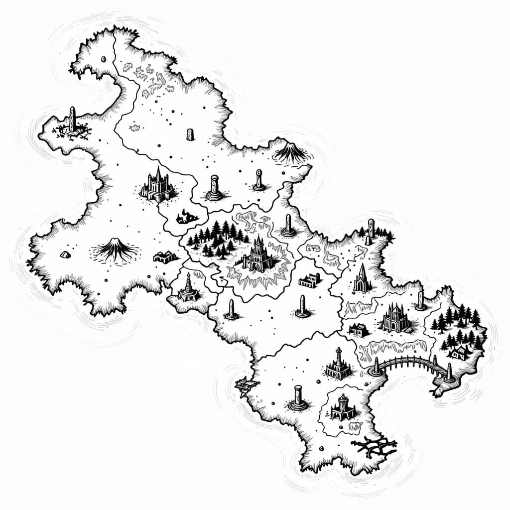 2D top-down authentic gritty dark fantasy large-scale strategic nautical map, high-detail medieval woodcut style, inspired by Tainted Grail: Fall of Avalon. Pure white background with sharp, ultra-thin black outlines, strictly borderless clean line art. The surrounding sea area is completely empty, plain, and vacant white space with fine vintage wave etching. Sharp, realistic coastlines feature minimal, clean traditional dark fantasy cartography outline hatching to ensure clarity. The map depicts one single massive continent island, rendered as a detailed hand-drawn topography layout where numerous tiny points of interest are randomly scattered across its diverse territories, leaving plenty of empty space between them. The island features multiple randomly scattered landmarks divided by distinct biomes including a lone volcano, a single frozen fortress, one megalithic castle ruin, a few ruined castles, sunken ruins, glacial rivers, overgrown temples, abandoned cathedrals, several ancient altars, swamps, ice caves, ice canyons, cursed monoliths, dark caves, burnt forests, wooden bridges, stone obelisks, rope bridges, ritual altars, lone watchtowers, deserted villages, plagued dungeons, and execution grounds. Every object, terrain line, and topographic feature is rendered exclusively as a hollow, high-contrast gritty medieval engraving line. Highly detailed masterwork.
