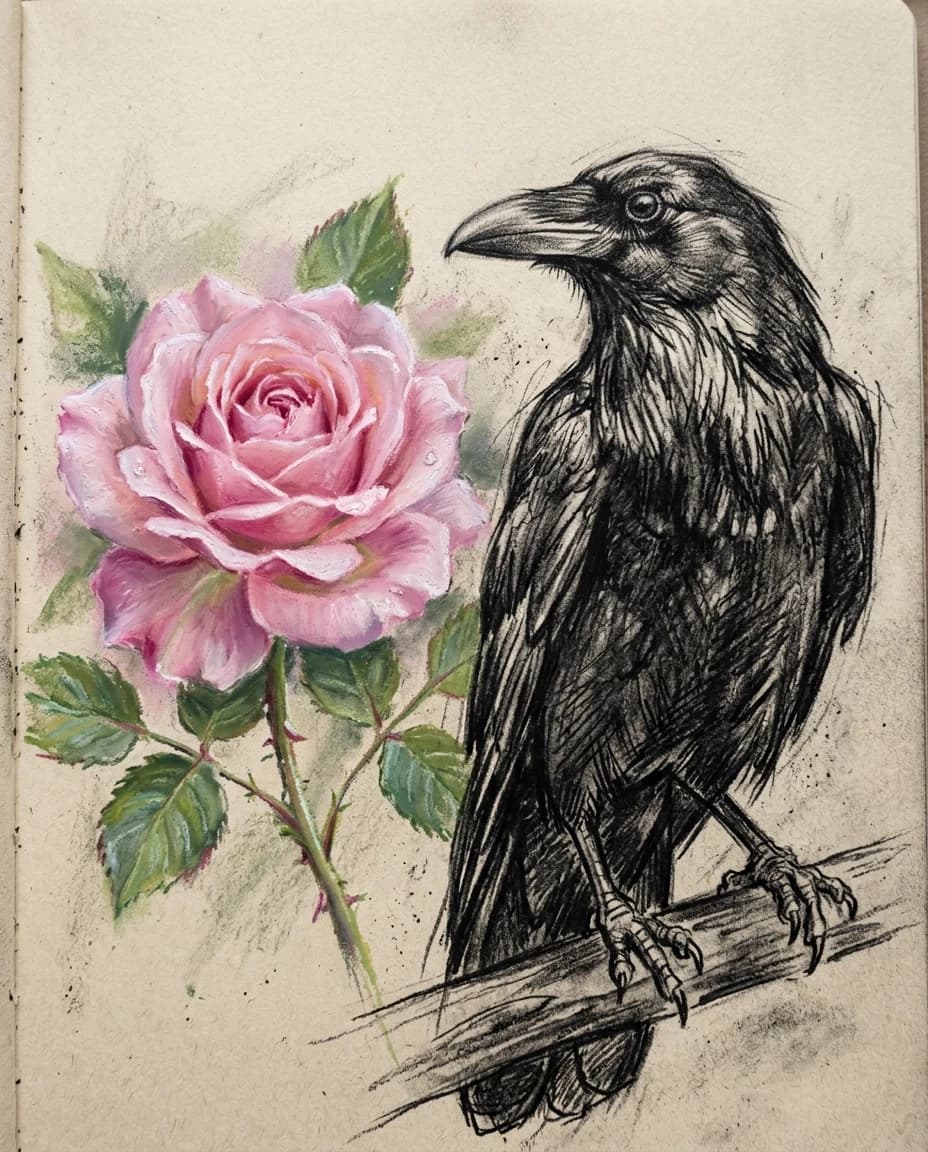 A real masterpiece. How artificial intelligence would depict: ((Aesthetics: Impressionism. An image of a delicate pink rose, made in pastel technique, and next to it sits a black raven, in the form of a sketch drawn in black charcoal)). Close-up. High resolution. High quality. Increased attention to small details. Hyperrealistic style of surrealism, impressionism. Increased attention to the smallest details and texture of blonde hair and the vividly outlined black charcoal of a black raven. The author is Auguste Renoir, Vrubel.