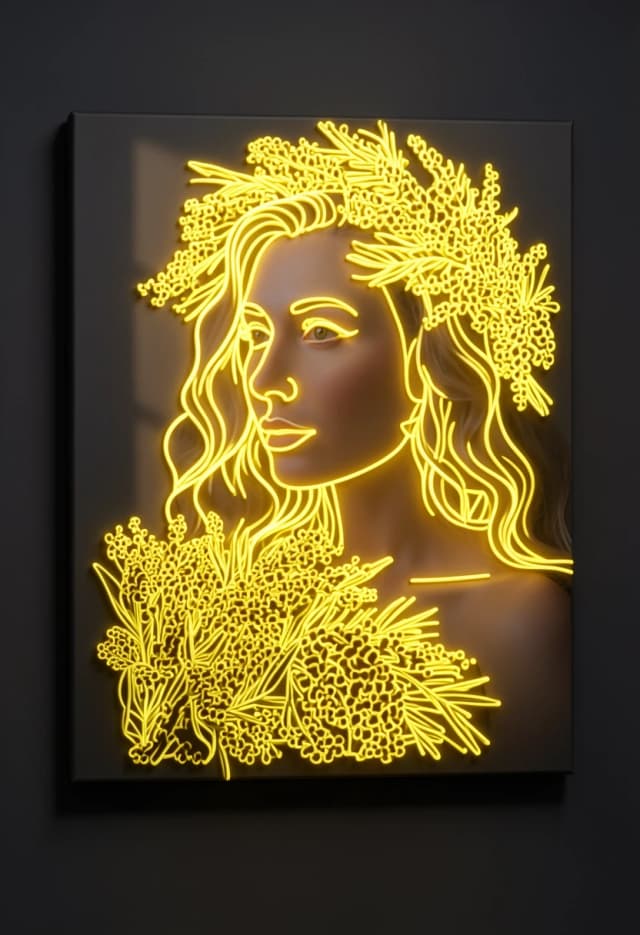 A premium designer neon art installation based on the main subject reference photo. The exact high-quality realistic photographic portrait of the girl is perfectly preserved on a solid dark gallery canvas backing. Directly overlayed on top of the print, few solid continuous 8mm yellow LED neon lines run with absolute smoothness, tracing only the elegant outer contours of the mimosa flower wreath and bouquet. The design is completely simplified into long single-stroke light tracks with zero chaotic lines, zero small dots, and a completely clean untouched face skin. Perfect 3D volumetric yellow neon bloom casting realistic soft ambient light reflections onto the photographic canvas beneath. High-contrast fine art presentation on a refined dark charcoal wall in a luxury gallery setting, professional studio lighting, 8k resolution, no text.