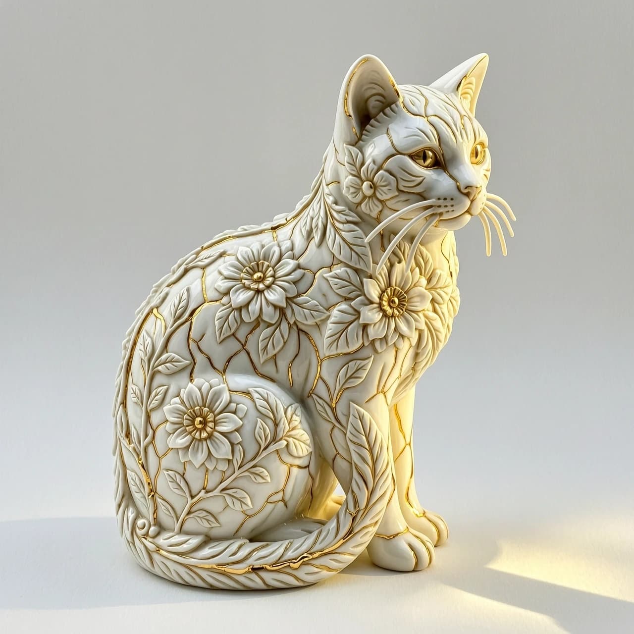 Digital image in Baroque and rocaille style with elements of kintsugi technique. Close-up. (Decorative sculpture made of white porcelain: 1.5). Golden cracks. Volume. The Persian cat. Glossy, porcelain, shiny. The cat's head and body are decorated with gorgeous embossed flowers. (Perfect white porcelain (1.5 ). Exquisite carvings that convey the fur, whiskers and tail of a seated cat. The edges of the leaves and the patterns are decorated with intricate carvings. Thin twigs, delicate flowers and leaves. Lots of fine gold veins. Intricate weaves, swirls, almost psychedelic ornaments. An amazing, mesmerizing sight: the glow. Luminescence. The background is white, with shadows and spectacular lighting. Style: rococo, surrealism, fairy tale, fantasy. Dynamic and expressive. Subtle patterns. Stylization, intricate decorative molding, surrealism, modernism. In the manner of Andrew Jones, Lorenzo Bernini. High quality.