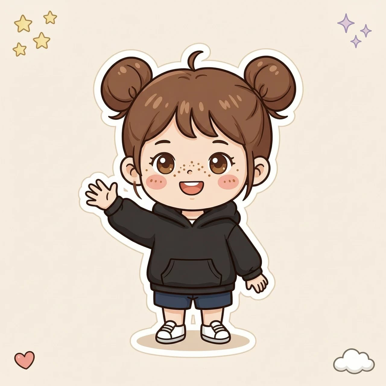 sticker, simple background, pretty beautiful 1girl with short brown hair, hair buns, black hoodie, freckles, brown eyes, waving her palm