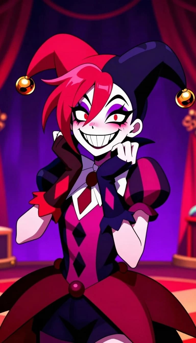 2D digital anime art style, a chaotic female jester character from "The Freak Circus", sharp mischievous grin with pointy teeth, asymmetric vibrant hair, wearing a flamboyant circus performer outfit, mismatched gloves, stripes and diamond patterns, dark gothic jester hat with small bells. High contrast lighting, bold line art, yandere eyes, theatrical dark carnival background with purple and crimson lights, stylized visual novel character sheet.