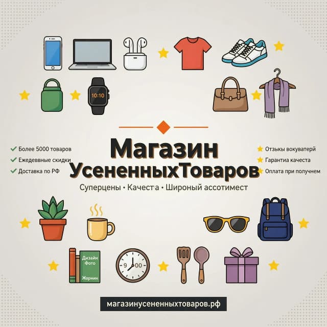 Аватарка для соцсетей для магазина непродовольственных товаров, выполненная в современном минималистичном стиле с акцентом на разнообразие ассортимента. В центре композиции расположено название «МагазинУцененныхТоваров», набранное четким, легко читаемым шрифтом с эффектом легкого объема. Вокруг текста гармонично сгруппированы стилизованные иконки различных категорий товаров — электроники, одежды, предметов интерьера и бытовых аксессуаров, выполненные в единой графической манере. Освещение мягкое и равномерное, подчеркивающее чистоту форм, цветовая палитра выдержана в приятных контрастных тонах, создающих ощущение надежности и выгоды. Фон нейтральный, с легким градиентом, не отвлекающим внимание от центральной надписи, ракурс фронтальный, композиция сбалансирована для максимальной визуальной привлекательности.