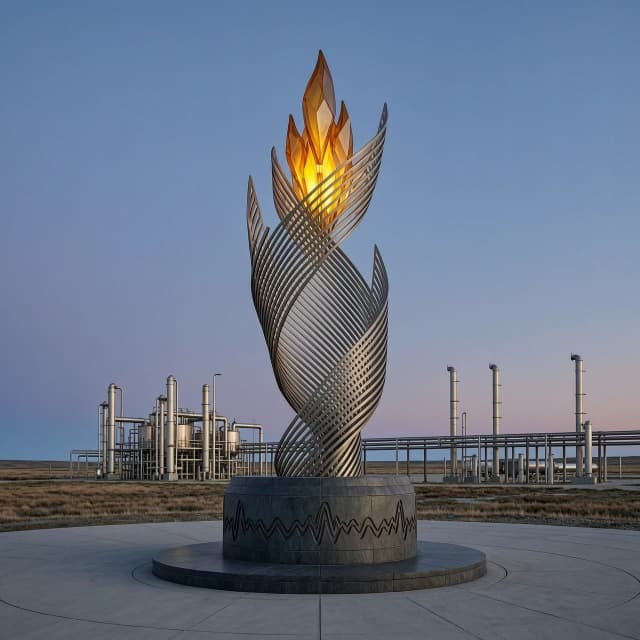 Photorealistic architectural visualization of a tall twisting metal flame monument in an open industrial gas field at dusk. The monument is made of overlapping steel feathers forming a vertical spiral, topped with a glowing amber glass cluster. Dark stone base with carved reliefs of seismic waves. Background: gas processing units, pipelines, flat tundra. No people, no text, no letters, no inscriptions. Empty plaza around monument. Cinematic lighting, 8k, high detail. --ar 16:9 --v 6.0 --style raw --no people