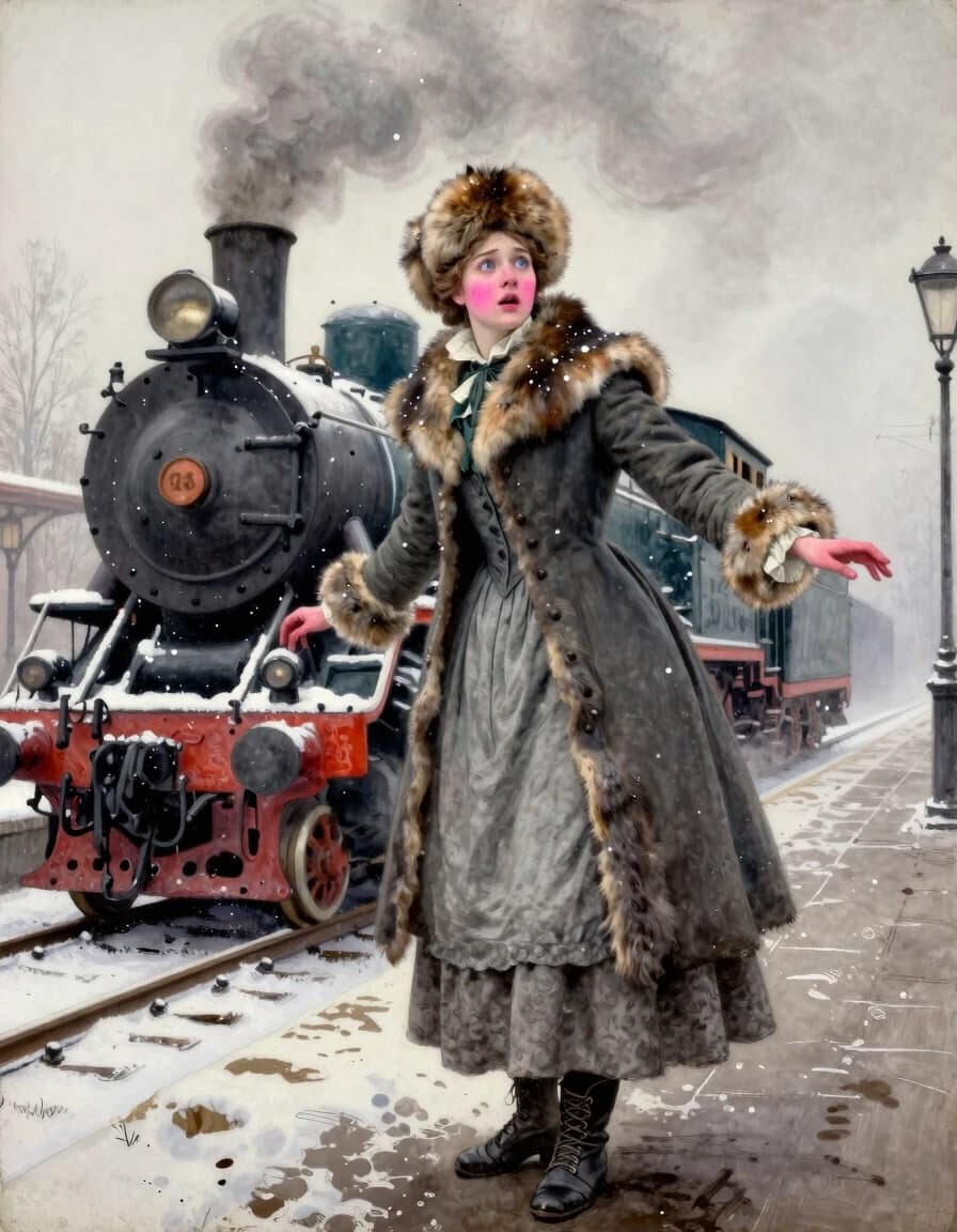 Russia, 1916, the station, the station platform, there is a steam locomotive shrouded in steam at the platform, it's winter outside, it's a fine snowfall. A tall, statuesque princess, a 20-year-old girl is dressed in a gray cloth skirt peeking out from under a fitted coat trimmed with squirrel fur, a fur round cap, coquettishly pushed slightly to one side. On his feet are high boots with lacing in the fashion of the 19th century. Her cheeks are pink with excitement and her blue eyes look anxious. Her arms are outstretched, her open gaze is directed forward. an epic atmosphere. pastel art, dark fantasy. ink + gouache. Pale cloudy colors. High graininess. Art by Don Maitz-Robert. dark fantasy, oil paints, ink+gouache drawing. Image fading, noise. high detail.
