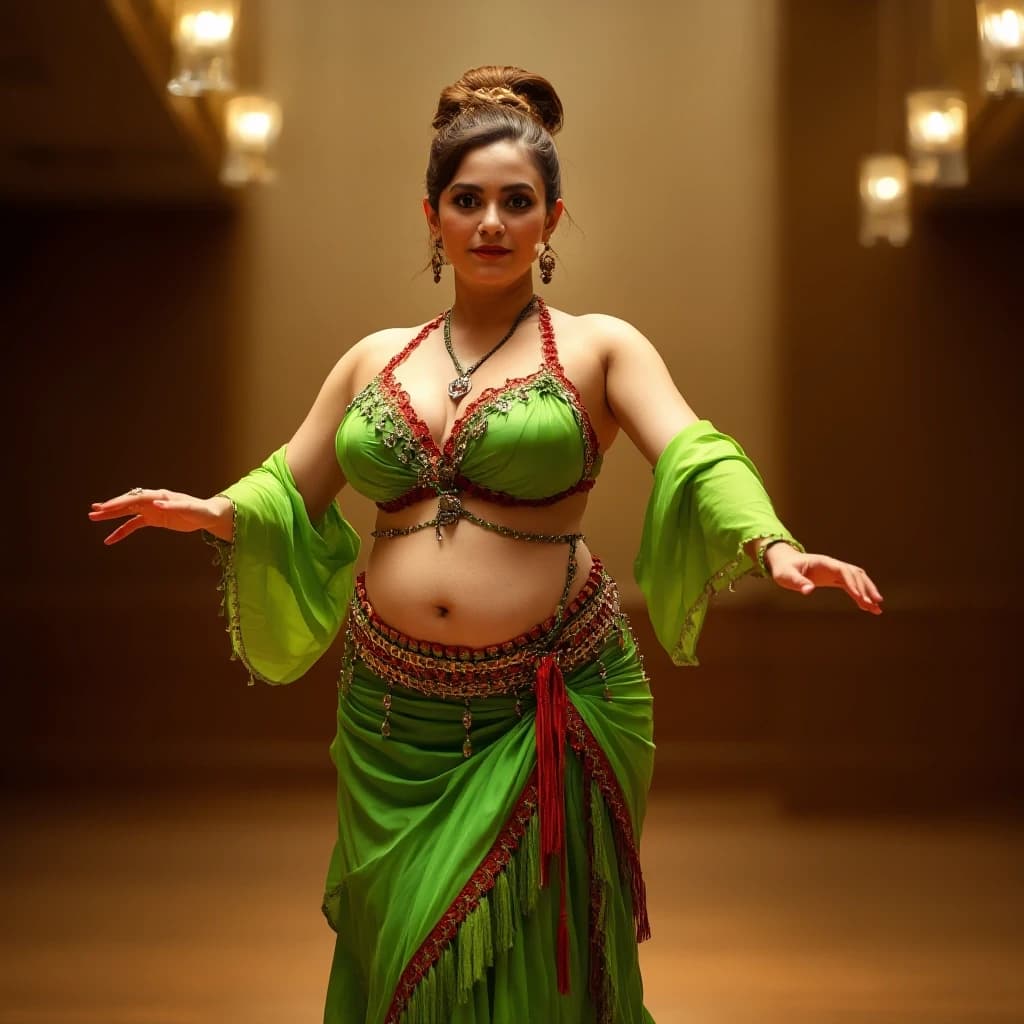 front view chubby belly dancer fifty years woman in green costume brown short ponytail hair stand in hall