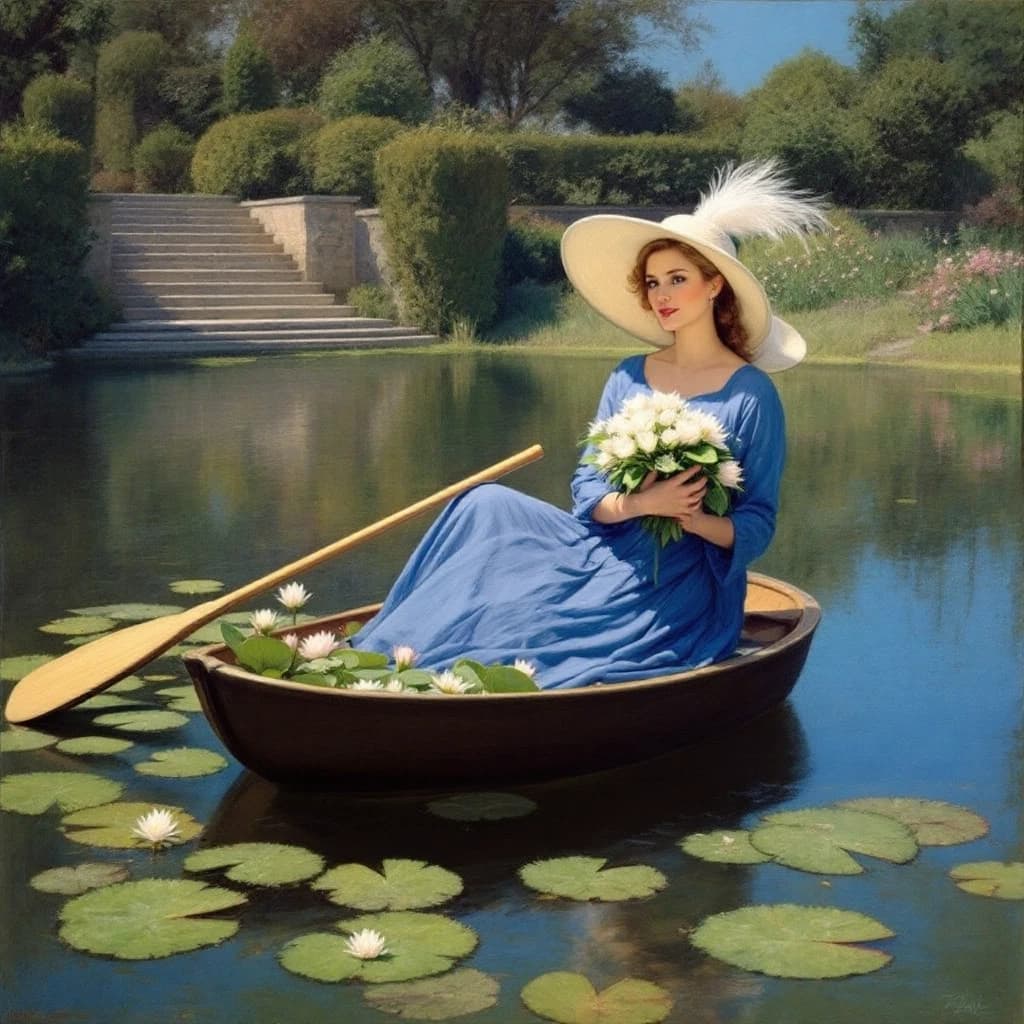 The image is a painting of a woman in a boat on a pond. The woman is wearing a blue dress and a large white hat with a feather on top. She is holding a bouquet of white flowers in her right hand and a paddle in her left hand. The boat is filled with water lilies and there are lily pads floating on the surface of the water. In the background, there is a stone staircase leading down to a garden with trees and bushes. The sky is blue and the overall mood of the painting is peaceful and serene.