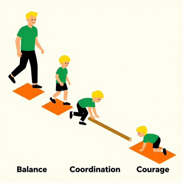 Infographic: stylized figures of Caucasian children and parents (blond hair) sequentially pass an obstacle course – step over bumps, crawl under a stick, climb a mat. Next to each action labels: «Balance», «Coordination», «Courage». Minimalist style with accent colors (green, orange).