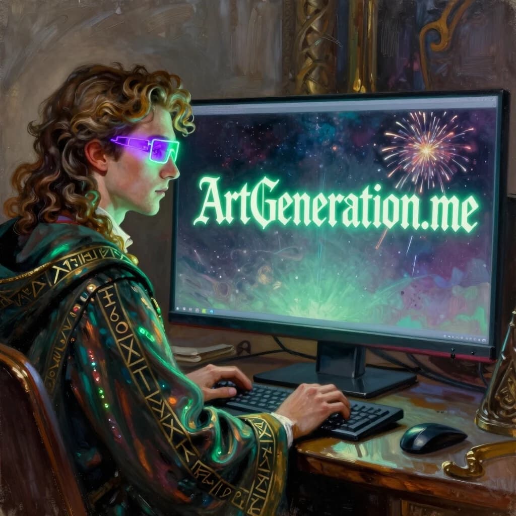Close-up, oil painting, ink strokes, with elements of impressionism. An attractive young wizard in neon rectangular HUD glasses in purple-green tones, in a long iridescent cloak with shimmering runic patterns, with aristocratic features and curly long hair carelessly combed back, sits in front of a monitor in a presentable epic office in the style of medieval fantasy. He's staring at the screen with his hands on the keyboard. On the monitor is a splash screen with a large neon inscription: "ArtGeneration.me "; The text occupies the central part of the screen, is made in an elegant Gothic font with edging and detailed elements, glows with a soft bluish-greenish light on a gradient background of the screen in a cosmic style with the inclusion of bright fireworks. The contrast and clarity of the label make it easy to read the text. Muted cinematic lighting, twilight. High detail, wide angle lens.