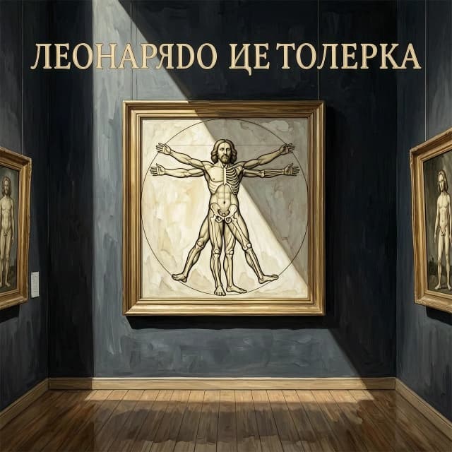 Изображение для книжной обложки в стиле картины акварелью. В тёмной картинной галерее висит картина витрувианского человека Леонардо Да Винчи. Витрувианский человек изображён наполовину оригинальным, наполовину в виде человеческого скелета. Всё в стилистике Леонардо. Картина освещена лучом света, что делает остальное изображение чёрным.