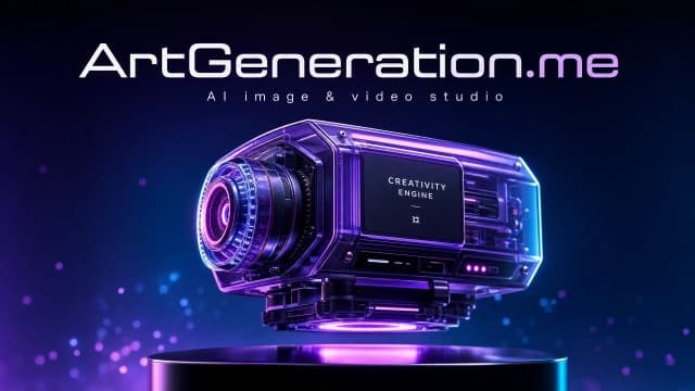 High-end advertising key visual, 3/4 hero shot of a sleek translucent-violet "creativity engine" device floating over a reflective black pedestal, volumetric studio lighting with magenta-and-cyan rim light, fine product detailing; large refined wordmark "ArtGeneration.me" in a clean modern geometric sans across the top third as the campaign brand, small tagline "AI image & video studio" beneath in light tracking; particle bokeh, deep indigo-to-black gradient, premium tech-brand art direction, perfectly legible crisp typography, 4K, print-ready