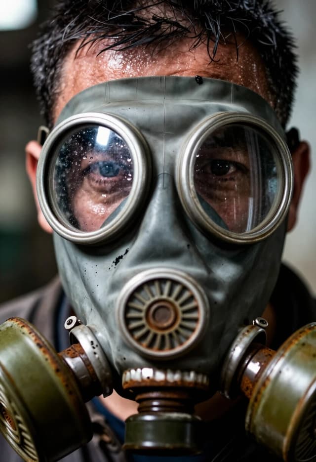 Extreme close-up portrait of a weary worker wearing a weathered, vintage industrial gas mask. Hyper-realistic textures: scratched rubber, rusted metal filters, and smears of black grease and soot on the mask's surface. Detailed human eyes visible through the glass lenses, reflecting a dim, smoky factory environment. Tiny droplets of condensation inside the glass. Soft, volumetric lighting with dust particles dancing in a single light beam. Pores of the skin, sweat beads on the forehead, 8k resolution, cinematic photorealism, raw industrial aesthetic, shot on 85mm lens, sharp focus on the eyes, moody and atmospheric.