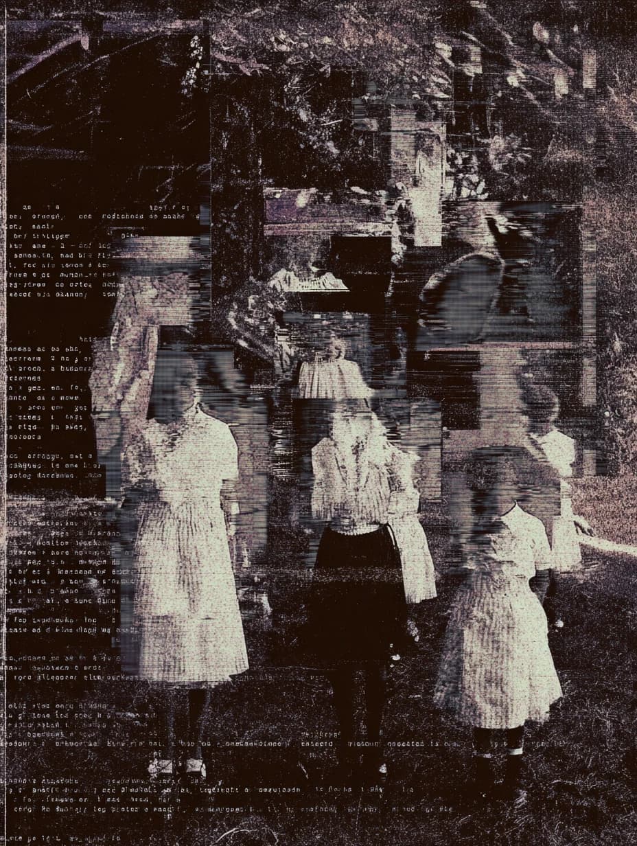 people with mental and paranormal developmental characteristics and psyker abilities of the closed educational institution, slight optical aberrations and fluctuation artifacts of physical distortions of the surrounding space, collage texture of small text from personal observation dossiers and student examination sessions, aesthetic of photographs from the late 19th and early 20th centuries --ar 3:4 --v 7.0 --stylize 100