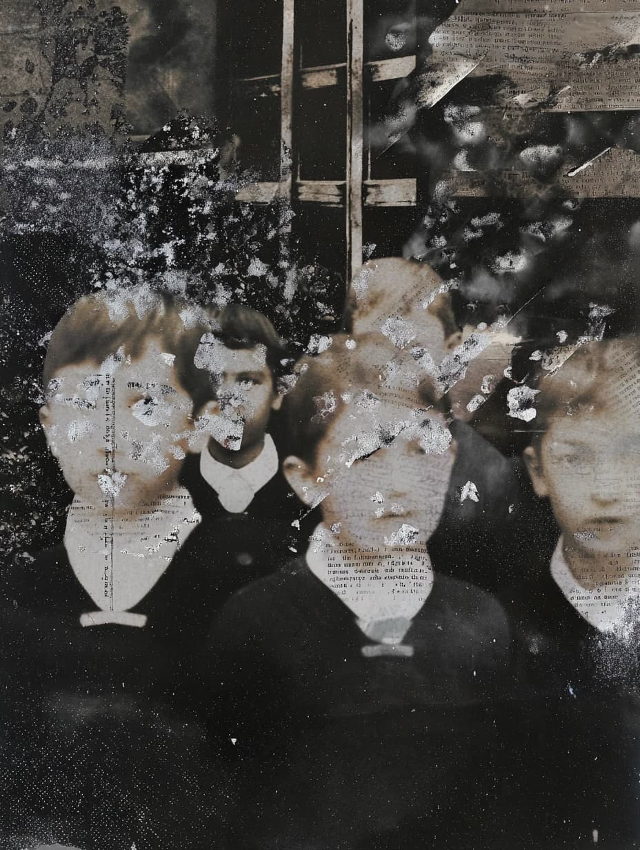 people with mental and paranormal developmental characteristics and psyker abilities of the closed educational institution, slight optical aberrations and fluctuation artifacts of physical distortions of the surrounding space, collage texture of small text from personal observation dossiers and student examination sessions, aesthetic of photographs from the late 19th and early 20th centuries --ar 3:4 --v 7.0 --stylize 100