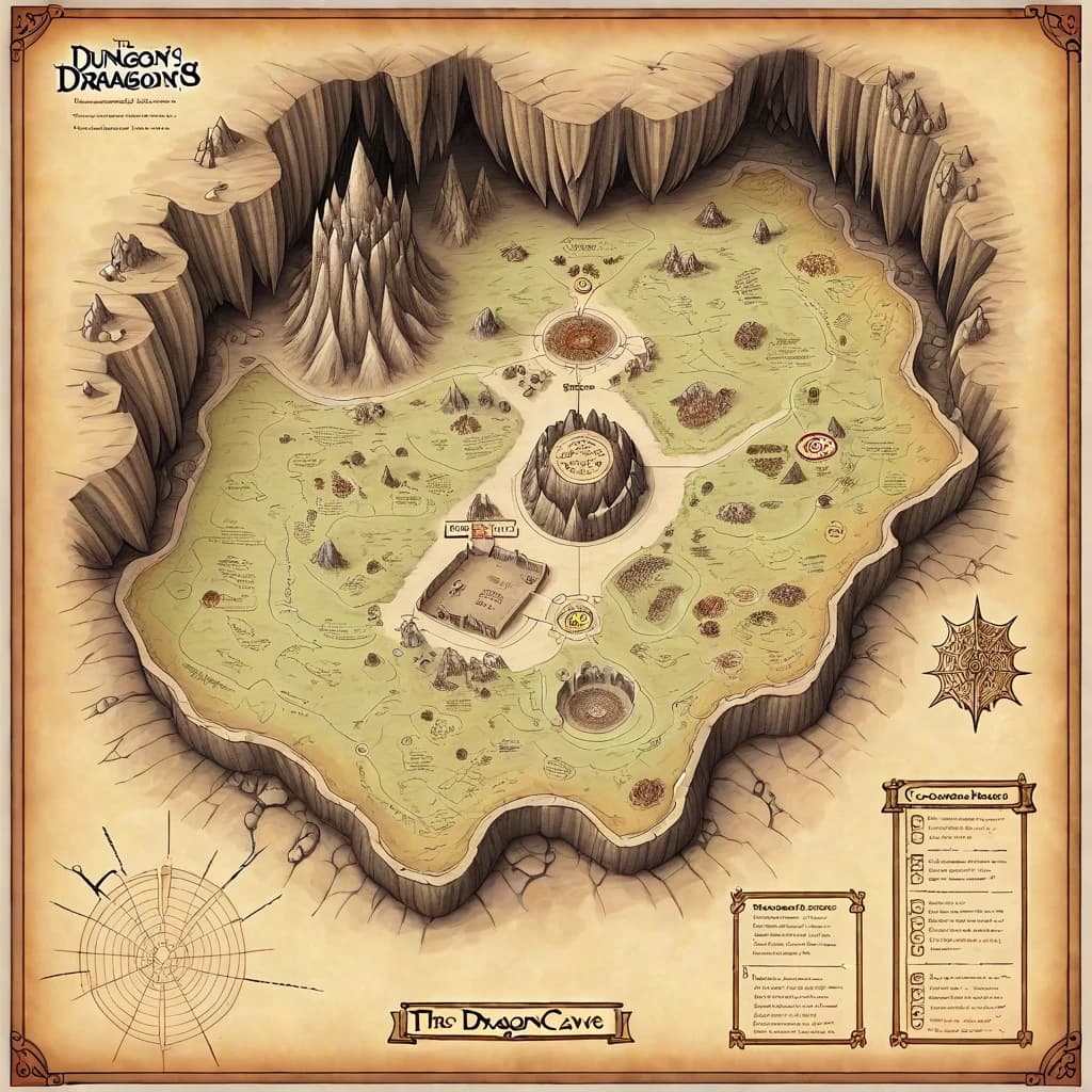prompt: Dungeons and Dragons Hogwarts map, hand drawn map, scanned from book, the dragons cave adventure, black grid paper, fantasy cave map, module map for dungeon master, mega cave map, cave interior map, map of cave, room numbers