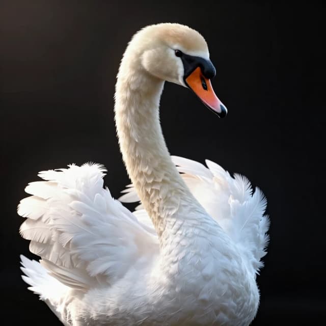A high-end 3D character render of a breathtakingly beautiful white swan, elegant long curved neck, soft friendly intelligent eyes. Fluffy delicate down feathers, incredibly soft tactile texture, pristine pure white color. Solid seamless pitch-black background. Cinematic global illumination, soft volumetric lighting from the side creating a gentle glow on the feathers, high contrast, masterpiece, 8k resolution, octane render, trendy digital art style.