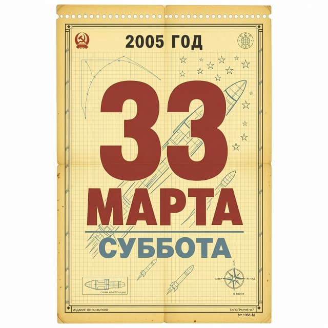 Вертикальный плакат А4, вид строго спереди, плоская графика. Листок советского отрывного календаря 1960-х годов. В самом верху листа четкая надпись "2005 ГОД". По центру огромными жирными буквами написано "33 МАРТА", а чуть ниже надпись "СУББОТА". На заднем плане страницы — блеклый графический чертеж обтекаемой космической ракеты, улетающей к звездам, и тонкая координатная сетка, как в старых научно-популярных книгах СССР о технологиях будущего. Текстура старой пожелтевшей бумаги, приглушенные цвета, без людей.