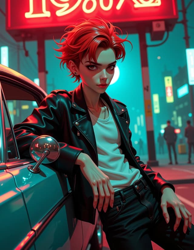A masterpiece,  in the style of the 1980s, with bold lines, dynamic strokes and rich textures, on background with a touch of nostalgia, perhaps with subtle drawings inspired by cellulose and vintage, worn textures similar to paper, oil painting, a tim burton character.  Moody, stylized stop-motion animated portrait of a lanky pale young man with exaggerated angular features, deep dark eye sockets, intense wide eyes, and tousled reddish hair, wearing a worn black leather biker jacket and simple white tee, leaning casually on the chrome door of a vintage car. Nighttime 1980s neon ambiance with a glowing red "1980s" sign in the blurred background, a crescent moon with a whimsical spiral, foggy gothic city silhouettes and warm neon rim light contrasting cool blue moonlight. Cinematic shallow depth of field, dramatic low-angle three-quarter view, soft film grain, high detail skin texture and fabric grain, cinematic volumetric lighting, subtle rim highlights, realistic specular reflections on leather and chrome, moody color grading (teal shadows, red highlights), ultra-detailed, photorealistic stylized 3D render, dramatic contrast, evocative retro-goth mood, composition focused on expressive face and posture. hdr