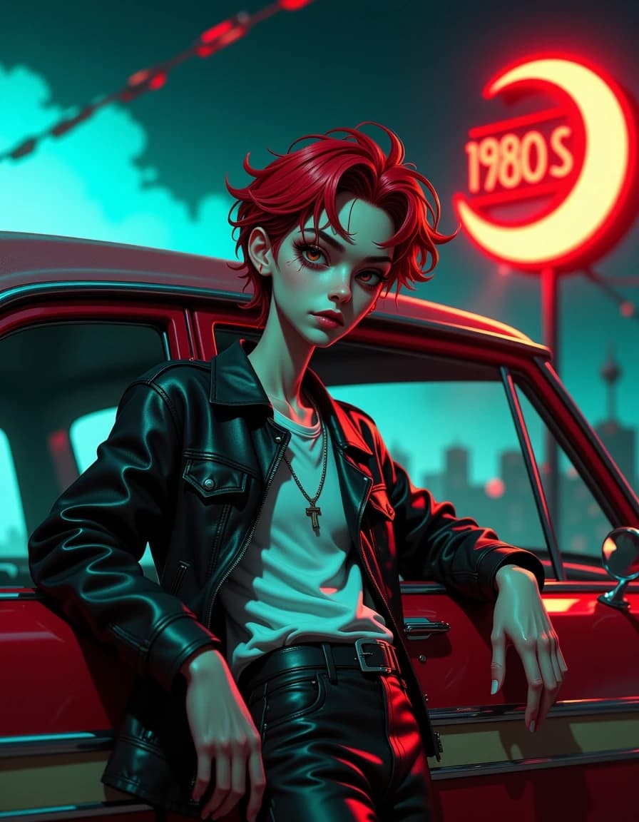 A masterpiece,  in the style of the 1980s, with bold lines, dynamic strokes and rich textures, on background with a touch of nostalgia, perhaps with subtle drawings inspired by cellulose and vintage, worn textures similar to paper, oil painting, a tim burton character.  Moody, stylized stop-motion animated portrait of a lanky pale young man with exaggerated angular features, deep dark eye sockets, intense wide eyes, and tousled reddish hair, wearing a worn black leather biker jacket and simple white tee, leaning casually on the chrome door of a vintage car. Nighttime 1980s neon ambiance with a glowing red "1980s" sign in the blurred background, a crescent moon with a whimsical spiral, foggy gothic city silhouettes and warm neon rim light contrasting cool blue moonlight. Cinematic shallow depth of field, dramatic low-angle three-quarter view, soft film grain, high detail skin texture and fabric grain, cinematic volumetric lighting, subtle rim highlights, realistic specular reflections on leather and chrome, moody color grading (teal shadows, red highlights), ultra-detailed, photorealistic stylized 3D render, dramatic contrast, evocative retro-goth mood, composition focused on expressive face and posture. hdr