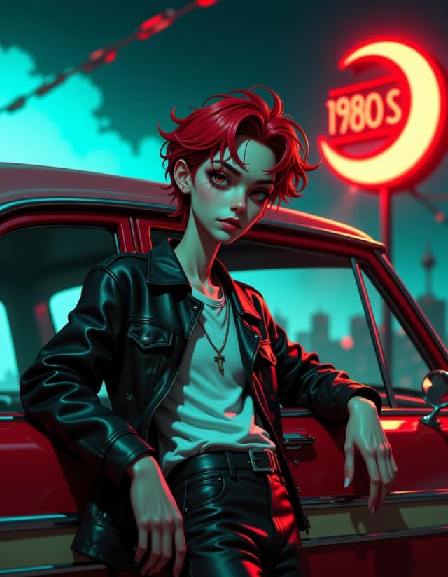 A masterpiece,  in the style of the 1980s, with bold lines, dynamic strokes and rich textures, on background with a touch of nostalgia, perhaps with subtle drawings inspired by cellulose and vintage, worn textures similar to paper, oil painting, a tim burton character.  Moody, stylized stop-motion animated portrait of a lanky pale young man with exaggerated angular features, deep dark eye sockets, intense wide eyes, and tousled reddish hair, wearing a worn black leather biker jacket and simple white tee, leaning casually on the chrome door of a vintage car. Nighttime 1980s neon ambiance with a glowing red "1980s" sign in the blurred background, a crescent moon with a whimsical spiral, foggy gothic city silhouettes and warm neon rim light contrasting cool blue moonlight. Cinematic shallow depth of field, dramatic low-angle three-quarter view, soft film grain, high detail skin texture and fabric grain, cinematic volumetric lighting, subtle rim highlights, realistic specular reflections on leather and chrome, moody color grading (teal shadows, red highlights), ultra-detailed, photorealistic stylized 3D render, dramatic contrast, evocative retro-goth mood, composition focused on expressive face and posture. hdr