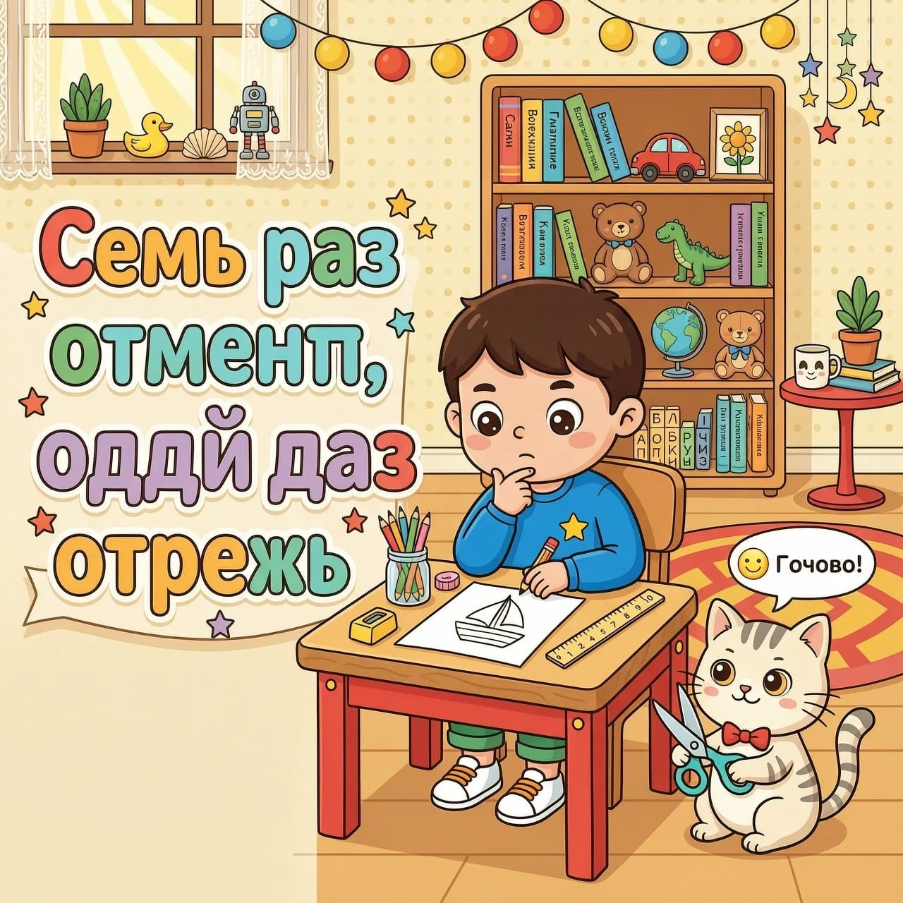 Создай детскую картинку к дню пословиц и поговорок в мультяшном стиле, размер картинки 1600:400 пикселе. в ярких и насыщенных тонах.



Пословица «Семь раз отмерь, один раз отрежь» написана крупными разноцветными буквами. 
Мальчик сидит за столом и рисует карандашом. Он уже нарисовал контур кораблика, но пока не уверен, как именно вырезать эту фигуру из бумаги. Его задумчивый взгляд говорит о том, что он тщательно продумывает каждый шаг — то есть семь раз отмеряет.
Рядом с ним сидит котёнок, который смотрит на мальчика с лёгкой улыбкой. В лапках он держит ножницы. 
На заднем плане видна книжная полка с яркими книгами и игрушками, а также уютный светлый интерьер комнаты.