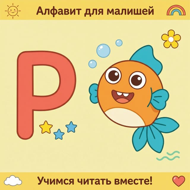 Мультяшная обучающая карточка формата А4 для первоклассников. Слева — крупная заглавная  буква „р“ простым толстым шрифтом без засечек, высота буквы около 15 см. Справа — мультяшная рыба, стиль яркий и дружелюбный, крупные формы, минимум мелких деталей.  Фон светло‑жёлтый, нейтральный, много „воздуха“. Стиль — детский мультфильм, мягкие контуры, насыщенные, но не кислотные цвета, без теней и сложной штриховки.