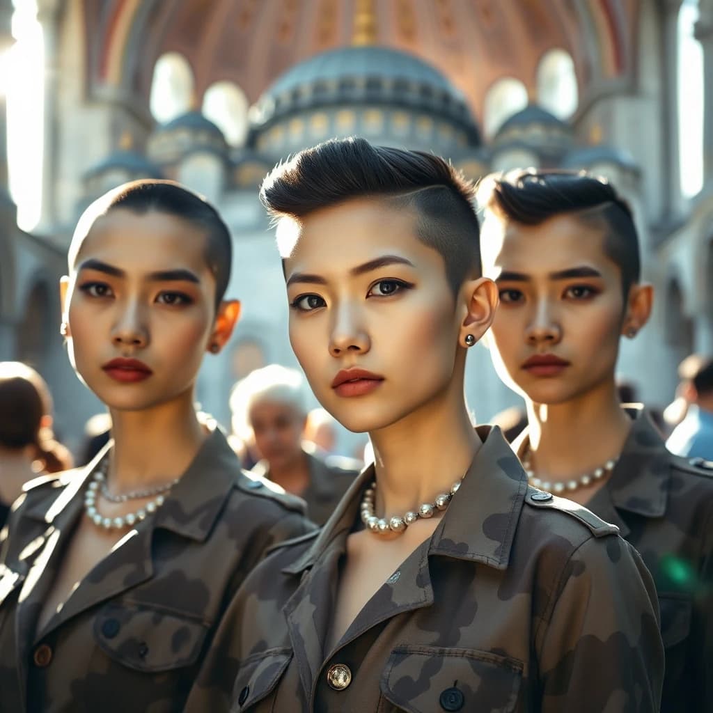 modelshoot style shot of a Hagia Sophia full of (Girls:1.1) , they are Unique, wearing Smart Platinum and Black Pearl Details [Safari clothing:Toga:9], Undercut hairstyle, Panorama, Amusing, Renaissance, Lens Flare, Depth of field 270mm, two colors, natural skin texture, ambient background, extremely rich detail, great light, vibrant, aesthetic, intense