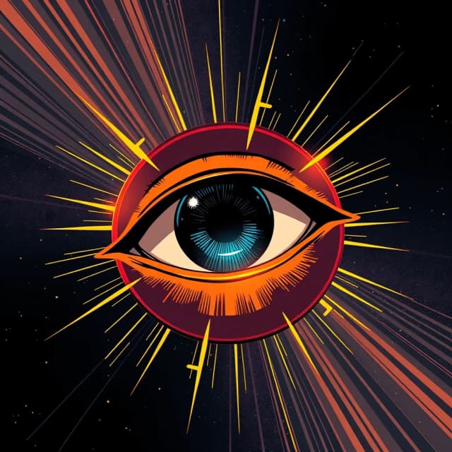 A giant cosmic eye floating in deep dark space, surrounded by glowing golden light rays, comic book style with cinematic dramatic lighting, dark graphic novel aesthetic, bold black outlines, mystical all-seeing eye, powerful and mysterious, no text, no words, 4k