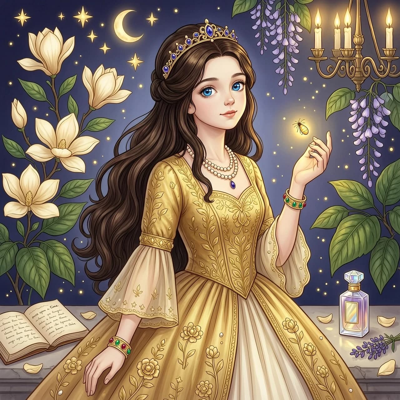 Create an artwork of a character — a girl, fairy‑tale-like, with long dark chocolate hair, blue eyes, a luxurious golden dress, soft lighting, and high detail.